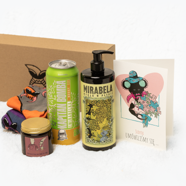 Zestaw dla niej | Świeca sojowa premium + 2 pary skarpet + kartka + mirabelki